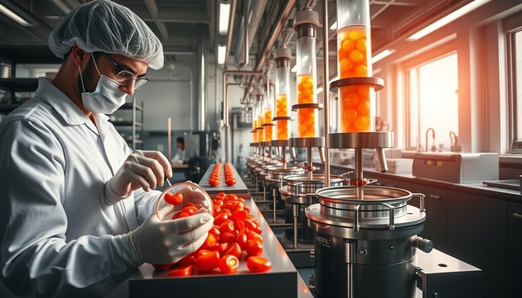 A bright and well-lit laboratory setting, showcasing the intricate process of extracting vitamin C from Amway's Acerola C Chewable supplement. In the foreground, a technician carefully measures and prepares the acerola fruit, with its vibrant red hues. In the middle ground, a series of specialized equipment, including centrifuges and distillation columns, captures the essence of the vitamin C. The background features a clean, sterile environment with stainless steel shelving and scientific instruments, conveying the precision and quality control of Amway's manufacturing process. The overall mood is one of scientific rigor and attention to detail, reflecting the care and expertise that goes into producing the Acerola C Chewable supplement. A bright and well-lit laboratory setting, showcasing the intricate process of extracting vitamin C from Amway's Acerola C Chewable supplement. In the foreground, a technician carefully measures and prepares the acerola fruit, with its vibrant red hues. In the middle ground, a series of specialized equipment, including centrifuges and distillation columns, captures the essence of the vitamin C. The background features a clean, sterile environment with stainless steel shelving and scientific instruments, conveying the precision and quality control of Amway's manufacturing process. The overall mood is one of scientific rigor and attention to detail, reflecting the care and expertise that goes into producing the Acerola C Chewable supplement.