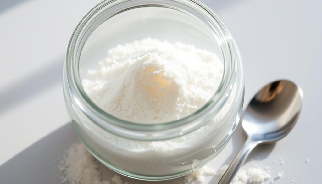 A clear glass container filled with fine, powdery hydrolyzed collagen. Delicate strands of the protein catch the soft, natural light, creating a serene, translucent effect. A silver spoon rests next to the jar, hinting at the supplement's versatility for mixing into drinks or meals. The scene exudes purity, simplicity, and a sense of wellness, reflecting the article's focus on understanding the nature and benefits of this popular health supplement. A clear glass container filled with fine, powdery hydrolyzed collagen. Delicate strands of the protein catch the soft, natural light, creating a serene, translucent effect. A silver spoon rests next to the jar, hinting at the supplement's versatility for mixing into drinks or meals. The scene exudes purity, simplicity, and a sense of wellness, reflecting the article's focus on understanding the nature and benefits of this popular health supplement.
