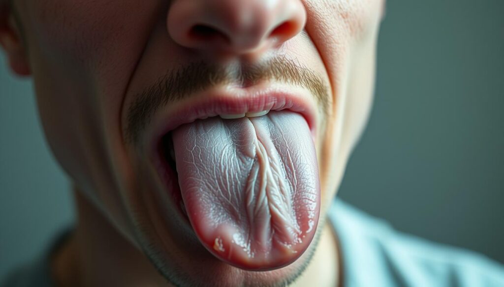 A close-up view of a person's mouth and tongue, showing signs of dehydration and dryness. The skin appears parched, with a glossy, cracked texture. The tongue is thick and swollen, with a white, furry coating. The lips are chapped and peeling, and the eyes appear sunken and tired. The background is blurred, focusing the viewer's attention on the unsettling, yet informative, details of this common symptom of hyperglycemia. The lighting is soft and diffused, creating a subtle sense of unease. The overall composition conveys the discomfort and urgency associated with this early warning sign of diabetes. A close-up view of a person's mouth and tongue, showing signs of dehydration and dryness. The skin appears parched, with a glossy, cracked texture. The tongue is thick and swollen, with a white, furry coating. The lips are chapped and peeling, and the eyes appear sunken and tired. The background is blurred, focusing the viewer's attention on the unsettling, yet informative, details of this common symptom of hyperglycemia. The lighting is soft and diffused, creating a subtle sense of unease. The overall composition conveys the discomfort and urgency associated with this early warning sign of diabetes.