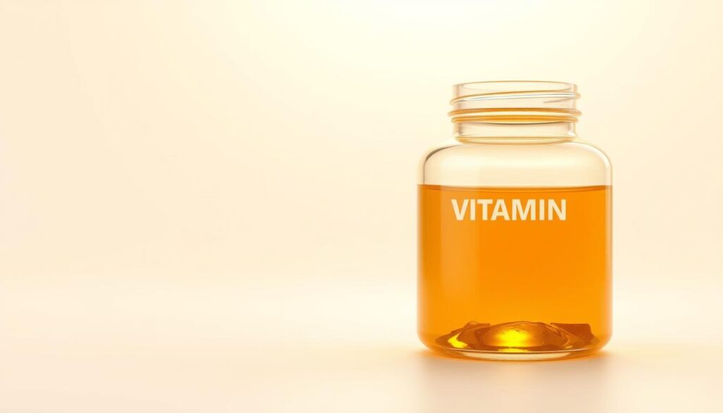 A detailed, highly realistic 3D rendering of a glass bottle filled with golden, translucent liquid representing vitamin D. The bottle is positioned on a clean, white background, catching warm, natural lighting from above. The liquid inside the bottle appears to glow and shimmer, emphasizing the potency and pure essence of vitamin D. The scene is crisp, well-lit, and free of any distracting elements, allowing the viewer to focus solely on the bottle and its contents.