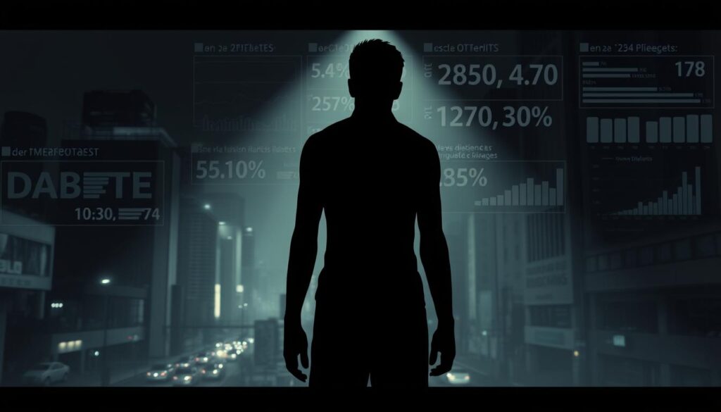 A dimly lit scene in modern Brazil, where the silent epidemic of diabetes casts a long shadow. In the foreground, a person's silhouette stands weary, their body a canvas of subtle signs - blurred vision, slow healing wounds, excessive thirst. The middle ground reveals a bustling cityscape, the façade of progress obscuring the quiet crisis unfolding. In the background, data visualizations and statistics loom, highlighting the scale of this 21st century malady. Soft, muted tones evoke a sense of unease, while sharp architectural lines suggest the rigid systems struggling to keep pace. This is the untold story of Brazil's silent diabetes epidemic, a cautionary tale of a modern affliction. A dimly lit scene in modern Brazil, where the silent epidemic of diabetes casts a long shadow. In the foreground, a person's silhouette stands weary, their body a canvas of subtle signs - blurred vision, slow healing wounds, excessive thirst. The middle ground reveals a bustling cityscape, the façade of progress obscuring the quiet crisis unfolding. In the background, data visualizations and statistics loom, highlighting the scale of this 21st century malady. Soft, muted tones evoke a sense of unease, while sharp architectural lines suggest the rigid systems struggling to keep pace. This is the untold story of Brazil's silent diabetes epidemic, a cautionary tale of a modern affliction.