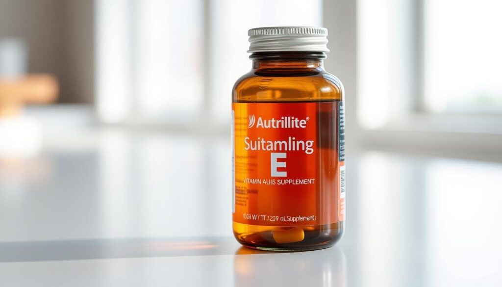 A glass bottle containing amber-colored Nutrilite Vitamin E supplement, resting on a clean, light-colored surface. The bottle features the Amway brand name and logo prominently displayed. Soft, natural lighting illuminates the scene, highlighting the bottle's textured glass and the rich, golden hue of the vitamin E liquid inside. The composition is balanced, with the bottle occupying the central focus and the background subtly blurred, creating a sense of depth and emphasizing the product. The overall atmosphere is clean, modern, and inviting, reflecting the high-quality, health-focused nature of the Nutrilite supplement. A glass bottle containing amber-colored Nutrilite Vitamin E supplement, resting on a clean, light-colored surface. The bottle features the Amway brand name and logo prominently displayed. Soft, natural lighting illuminates the scene, highlighting the bottle's textured glass and the rich, golden hue of the vitamin E liquid inside. The composition is balanced, with the bottle occupying the central focus and the background subtly blurred, creating a sense of depth and emphasizing the product. The overall atmosphere is clean, modern, and inviting, reflecting the high-quality, health-focused nature of the Nutrilite supplement.