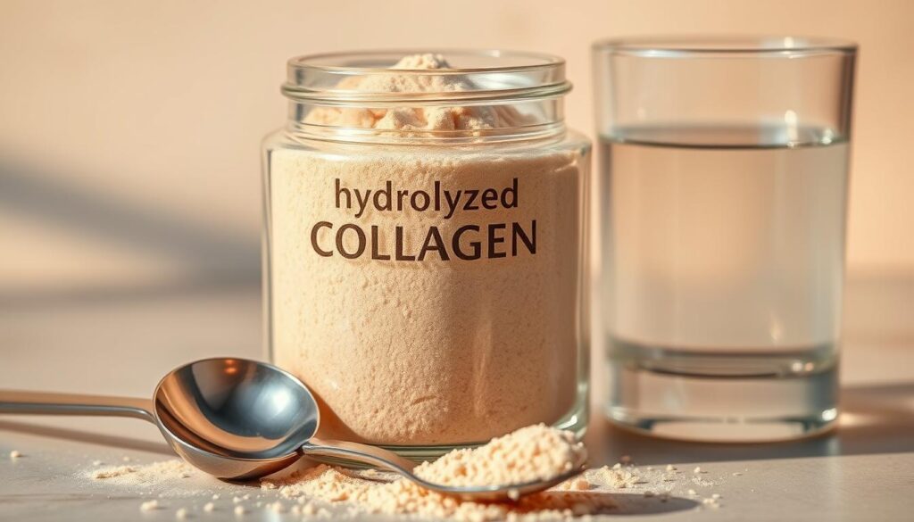 A high-quality, close-up photograph of a glass container filled with finely-ground, powdery, light-tan hydrolyzed collagen supplement. The collagen powder shimmers softly under warm, diffused lighting that casts gentle shadows, highlighting the fine texture. In the foreground, a metal spoon rests next to the container, while a clear glass filled with a clear liquid stands beside it, creating a natural, minimalist still-life composition that emphasizes the purity and benefits of this health-focused supplement. A high-quality, close-up photograph of a glass container filled with finely-ground, powdery, light-tan hydrolyzed collagen supplement. The collagen powder shimmers softly under warm, diffused lighting that casts gentle shadows, highlighting the fine texture. In the foreground, a metal spoon rests next to the container, while a clear glass filled with a clear liquid stands beside it, creating a natural, minimalist still-life composition that emphasizes the purity and benefits of this health-focused supplement.