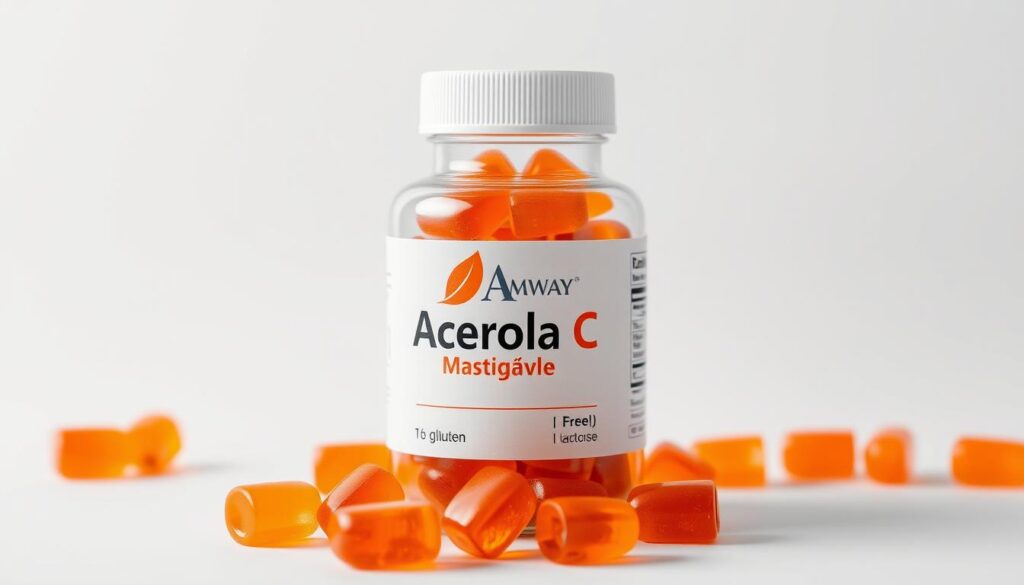 A meticulously detailed image of a transparent glass bottle filled with vibrant orange gummy supplements. The bottle has a sleek, modern design with the Amway logo prominently displayed on the label. The gummies themselves are translucent and have a natural, glossy sheen, reflecting the warm lighting that illuminates them from behind. The background is a clean, minimalist white backdrop, allowing the product to be the central focus. The entire scene is captured with a tight, close-up perspective, emphasizing the quality and craftsmanship of the Acerola C Mastigável Amway gummies, which are free of gluten and lactose. A meticulously detailed image of a transparent glass bottle filled with vibrant orange gummy supplements. The bottle has a sleek, modern design with the Amway logo prominently displayed on the label. The gummies themselves are translucent and have a natural, glossy sheen, reflecting the warm lighting that illuminates them from behind. The background is a clean, minimalist white backdrop, allowing the product to be the central focus. The entire scene is captured with a tight, close-up perspective, emphasizing the quality and craftsmanship of the Acerola C Mastigável Amway gummies, which are free of gluten and lactose.