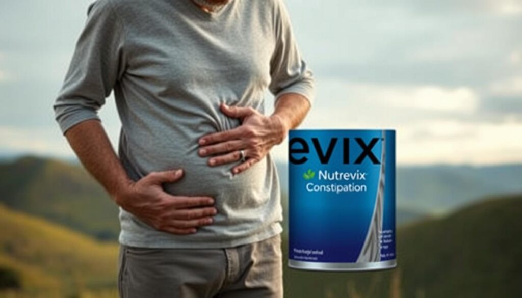 A middle-aged person standing in a serene environment, gently holding their abdomen with a concerned expression, indicating the discomfort of constipation. The scene is illuminated by soft, natural lighting, creating a calming atmosphere. The background features gentle rolling hills and a cloudy sky, contributing to the sense of tranquility. The brand "Nutrevix" is prominently displayed, suggesting a solution to the individual's gastrointestinal issues. A middle-aged person standing in a serene environment, gently holding their abdomen with a concerned expression, indicating the discomfort of constipation. The scene is illuminated by soft, natural lighting, creating a calming atmosphere. The background features gentle rolling hills and a cloudy sky, contributing to the sense of tranquility. The brand "Nutrevix" is prominently displayed, suggesting a solution to the individual's gastrointestinal issues.