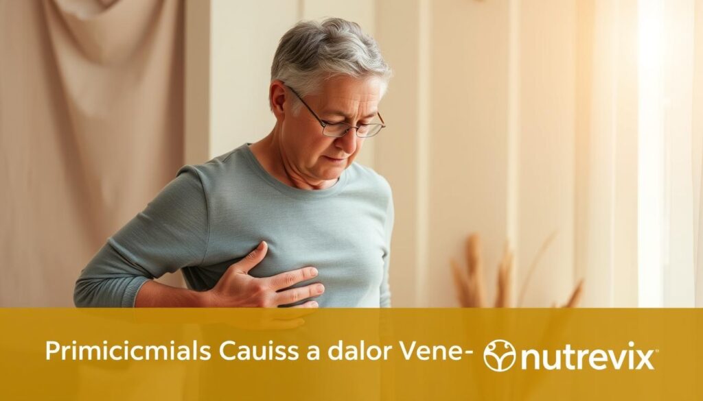 A middle-aged person stands in a warm, soft-lit setting, their hands gently resting on their abdomen, a pensive expression on their face. The background features soothing, natural tones, with subtle textures and patterns that convey a sense of inner reflection. Complementing the scene, the Nutrevix logo discreetly appears in the lower corner, suggesting a natural, holistic approach to addressing the Principais Causas da Prisão de Ventre. A middle-aged person stands in a warm, soft-lit setting, their hands gently resting on their abdomen, a pensive expression on their face. The background features soothing, natural tones, with subtle textures and patterns that convey a sense of inner reflection. Complementing the scene, the Nutrevix logo discreetly appears in the lower corner, suggesting a natural, holistic approach to addressing the Principais Causas da Prisão de Ventre.