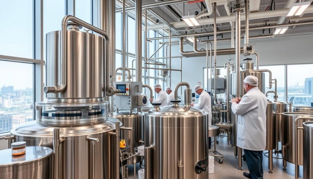 A modern pharmaceutical production facility, clean and well-lit, with stainless steel tanks, pipes, and equipment. Technicians in white lab coats carefully monitor the process of blending and filtering the Liquid Super Omega-3 TG concentrate. The foreground features an array of specialized machinery, while the middle ground showcases the various stages of the production line. In the background, a large window offers a view of the skyline, suggesting a urban, industrialized setting. The overall atmosphere conveys a sense of precision, efficiency, and scientific expertise in the manufacturing of this omega-3 supplement. A modern pharmaceutical production facility, clean and well-lit, with stainless steel tanks, pipes, and equipment. Technicians in white lab coats carefully monitor the process of blending and filtering the Liquid Super Omega-3 TG concentrate. The foreground features an array of specialized machinery, while the middle ground showcases the various stages of the production line. In the background, a large window offers a view of the skyline, suggesting a urban, industrialized setting. The overall atmosphere conveys a sense of precision, efficiency, and scientific expertise in the manufacturing of this omega-3 supplement.