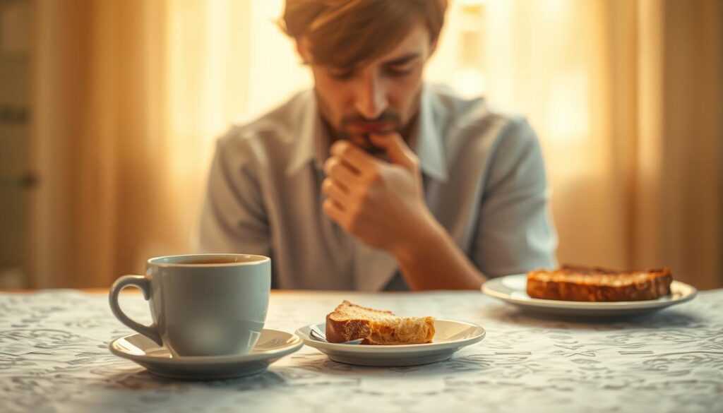 A person, appearing deep in thought, stands before a table laden with a neglected breakfast - a cold cup of coffee, a half-eaten piece of toast, and a furrowed brow. The scene is bathed in a warm, golden light, conveying a sense of missed opportunity and the consequences of skipping this important meal. The background is softly blurred, drawing the viewer's attention to the central figure and the symbolic significance of the abandoned breakfast. The overall mood is one of regret and a subtle call to reconsider the importance of starting the day with a nourishing meal. A person, appearing deep in thought, stands before a table laden with a neglected breakfast - a cold cup of coffee, a half-eaten piece of toast, and a furrowed brow. The scene is bathed in a warm, golden light, conveying a sense of missed opportunity and the consequences of skipping this important meal. The background is softly blurred, drawing the viewer's attention to the central figure and the symbolic significance of the abandoned breakfast. The overall mood is one of regret and a subtle call to reconsider the importance of starting the day with a nourishing meal.