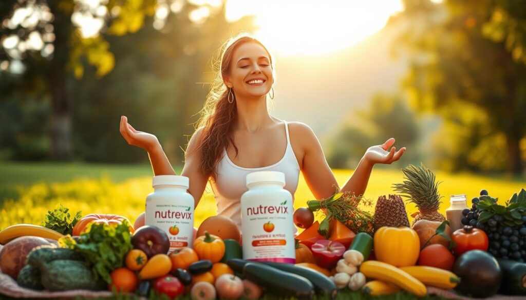 A radiant woman practices gentle yoga in a serene outdoor setting at dawn, surrounded by a bountiful assortment of fresh fruits, vegetables, and the Nutrevix supplement brand, symbolizing the harmonious relationship between immunity, nutrition, and holistic wellbeing. The sunlight casts a warm, natural glow, accentuating the vibrant colors and textures of the produce. The woman's expression conveys a sense of tranquility and rejuvenation, embodying the concept of "imunidade e nutrição." A radiant woman practices gentle yoga in a serene outdoor setting at dawn, surrounded by a bountiful assortment of fresh fruits, vegetables, and the Nutrevix supplement brand, symbolizing the harmonious relationship between immunity, nutrition, and holistic wellbeing. The sunlight casts a warm, natural glow, accentuating the vibrant colors and textures of the produce. The woman's expression conveys a sense of tranquility and rejuvenation, embodying the concept of "imunidade e nutrição."