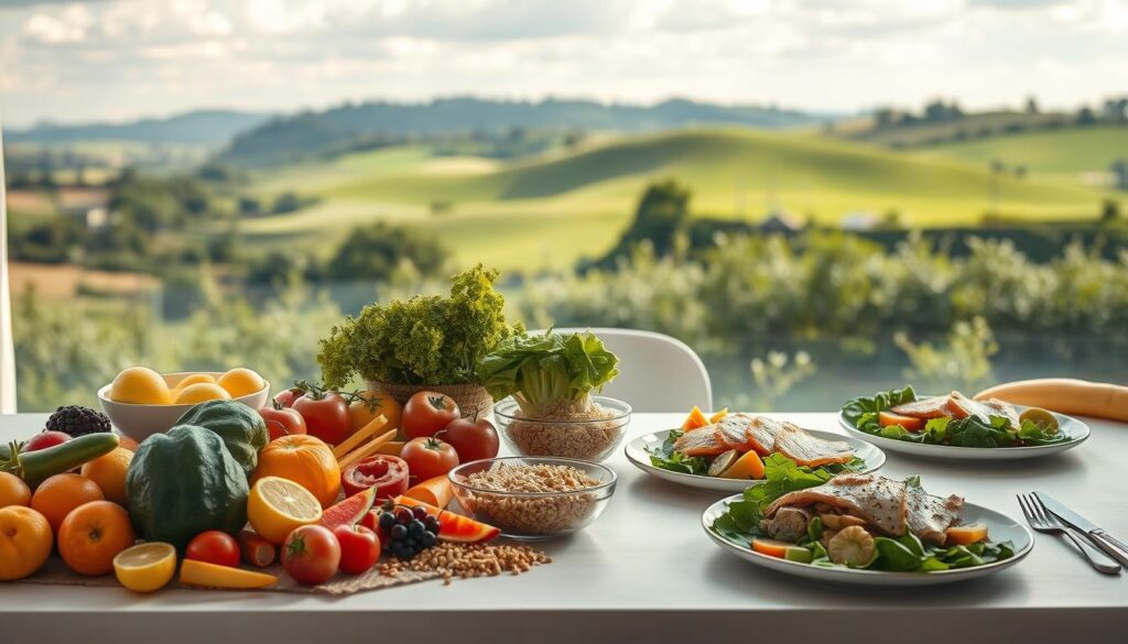 A serene and balanced culinary landscape, showcasing the principles of a healthy diet. In the foreground, a bountiful spread of vibrant fruits, crisp vegetables, and whole grains, arranged with artful precision. The middle ground features a chic, minimalist dining table set with plates of lean proteins and leafy greens, bathed in soft, natural lighting. In the background, a tranquil scene of rolling hills, lush greenery, and a clear sky, conveying a sense of harmony and well-being. The overall atmosphere evokes a feeling of nourishment, simplicity, and a deep appreciation for the beauty of wholesome, balanced eating. A serene and balanced culinary landscape, showcasing the principles of a healthy diet. In the foreground, a bountiful spread of vibrant fruits, crisp vegetables, and whole grains, arranged with artful precision. The middle ground features a chic, minimalist dining table set with plates of lean proteins and leafy greens, bathed in soft, natural lighting. In the background, a tranquil scene of rolling hills, lush greenery, and a clear sky, conveying a sense of harmony and well-being. The overall atmosphere evokes a feeling of nourishment, simplicity, and a deep appreciation for the beauty of wholesome, balanced eating.