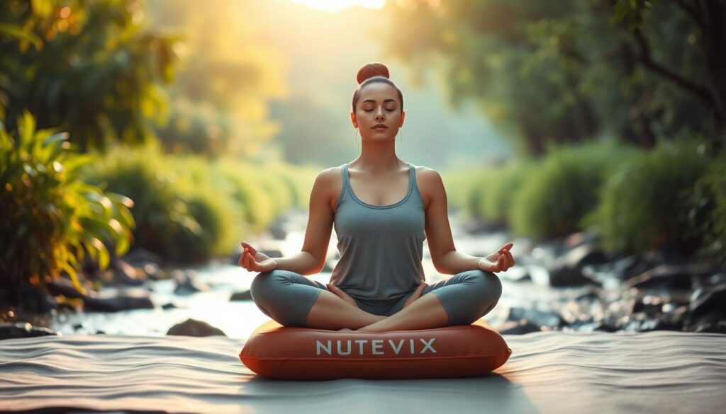 A serene and tranquil scene of a person sitting cross-legged in a peaceful natural setting, practicing the spiritual art of meditation. The foreground features a Nutrevix-branded meditation cushion, with the meditator's eyes closed, their face expressing a sense of inner calm and focus. The middle ground showcases lush, verdant foliage and a gently flowing stream, creating a soothing ambiance. In the background, the soft, diffused lighting of the golden hour illuminates the scene, bathing everything in a warm, ethereal glow. The overall atmosphere is one of harmony, introspection, and the rejuvenation of the mind and spirit.