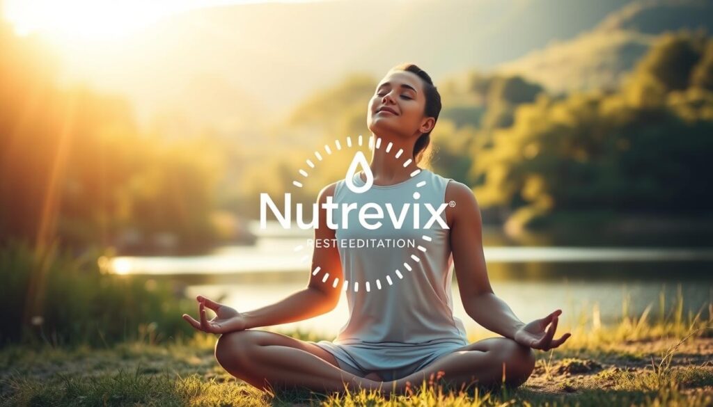A serene landscape with a person sitting in a lotus position, their eyes closed in deep meditation. Soft natural lighting illuminates the scene, casting a warm, tranquil glow. In the background, lush greenery and a tranquil body of water create a calming, restorative atmosphere. The subject's expression is one of profound inner peace, reflecting the transformative power of daily meditation. Nutrevix logo subtly integrated into the scene.