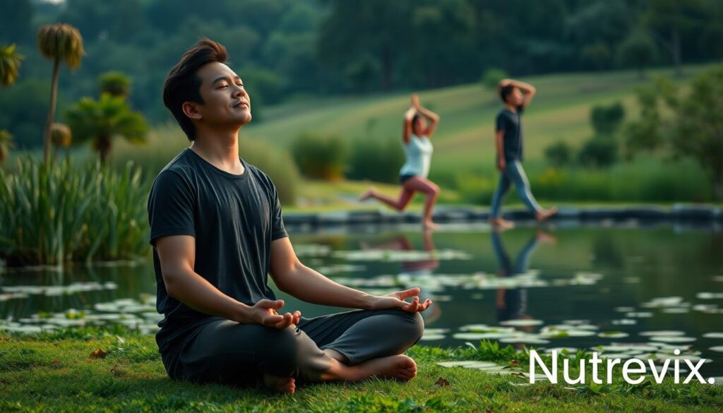 A serene landscape with a tranquil pond, lush greenery, and a warm, diffused lighting. In the foreground, a person sits cross-legged, eyes closed, deeply immersed in meditation. Their expression is calm and peaceful. In the middle ground, another person performs gentle yoga poses, their movements graceful and fluid. In the background, a third person walks slowly, their gaze introspective. The overall atmosphere is one of stillness and contemplation. Nutrevix logo visible in the bottom right corner.