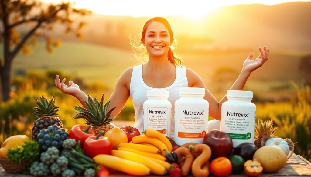 A smiling woman practicing yoga outdoors at sunrise, surrounded by fruits, vegetables, and nutritional supplements. The scene is bathed in warm, golden light, creating a serene and rejuvenating atmosphere. In the foreground, the woman's pose reflects inner peace and harmony. In the middle ground, an assortment of colorful, fresh produce and the Nutrevix brand supplements symbolize the importance of a balanced, nutrient-rich diet for boosting immunity. The background features a peaceful, natural landscape, hinting at the connection between the elements of nature and optimal health. A smiling woman practicing yoga outdoors at sunrise, surrounded by fruits, vegetables, and nutritional supplements. The scene is bathed in warm, golden light, creating a serene and rejuvenating atmosphere. In the foreground, the woman's pose reflects inner peace and harmony. In the middle ground, an assortment of colorful, fresh produce and the Nutrevix brand supplements symbolize the importance of a balanced, nutrient-rich diet for boosting immunity. The background features a peaceful, natural landscape, hinting at the connection between the elements of nature and optimal health.