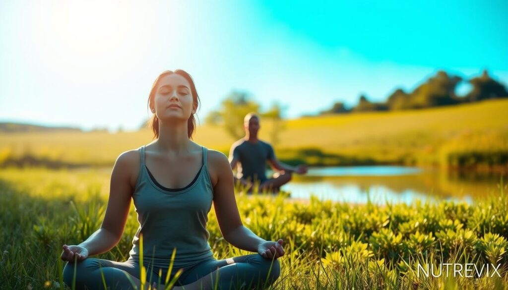A tranquil meadow with a serene pond, surrounded by lush greenery and a clear blue sky. In the foreground, a person sits in a meditative pose, eyes closed, their expression calm and centered. The lighting is soft and diffused, creating a warm, peaceful atmosphere. In the background, a second person meditates, their silhouette partially obscured by the foliage. The scene radiates a sense of mindfulness and the benefits of regular meditation. The Nutrevix brand name subtly appears in the corner, complementing the overall serene and natural aesthetic.