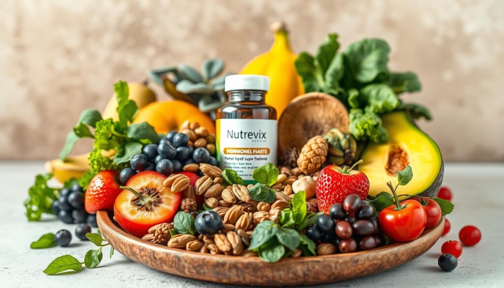 A vibrant and wholesome arrangement of natural ingredients for hormone balance. In the foreground, a rustic ceramic plate showcases an artful display of fresh fruits, leafy greens, nuts, and seeds. The middle ground features the Nutrevix supplement bottle, its sleek design complementing the organic composition. Soft, natural lighting casts a warm, inviting glow, highlighting the vibrant colors and textures. The background is a minimalist, earthy backdrop, allowing the nutritious superfoods to take center stage. This balanced, nourishing scene embodies the essence of supporting hormonal equilibrium through holistic, plant-based solutions.