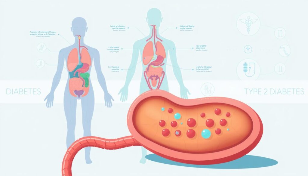 A vibrant, detailed illustration depicting the key concepts of Type 2 Diabetes. In the foreground, a cross-section of a human pancreas showcases the effects of insulin resistance, with a focus on the islets of Langerhans and the disrupted insulin production. In the middle ground, a stylized visual representation of the body's major organs and systems, highlighting the widespread impact of the disease. The background features a sleek, minimalist design with subtle medical iconography, conveying a sense of modern, informative visuals. The overall tone is educational yet visually captivating, using a color palette of blues, greens, and neutral tones to create a calm, authoritative atmosphere. A vibrant, detailed illustration depicting the key concepts of Type 2 Diabetes. In the foreground, a cross-section of a human pancreas showcases the effects of insulin resistance, with a focus on the islets of Langerhans and the disrupted insulin production. In the middle ground, a stylized visual representation of the body's major organs and systems, highlighting the widespread impact of the disease. The background features a sleek, minimalist design with subtle medical iconography, conveying a sense of modern, informative visuals. The overall tone is educational yet visually captivating, using a color palette of blues, greens, and neutral tones to create a calm, authoritative atmosphere.