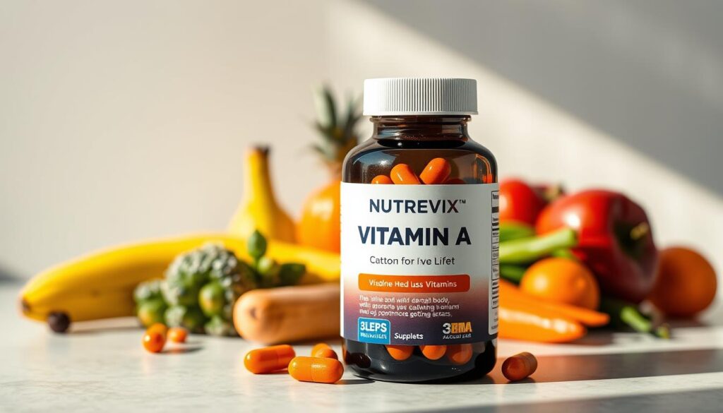 A vibrant, high-resolution image of a bottle of Nutrevix vitamin A supplements, captured in natural lighting against a clean, minimalist backdrop. The bottle is positioned prominently in the foreground, with a soft focus on the label and capsules inside. In the middle ground, a selection of fresh, colorful fruits and vegetables are arranged artfully, conveying the idea of a balanced, nutrient-rich diet. The background is a simple, subtly textured surface, allowing the subject to take center stage. The overall mood is one of health, wellness, and the importance of essential vitamins like vitamin A for optimal bodily function. A vibrant, high-resolution image of a bottle of Nutrevix vitamin A supplements, captured in natural lighting against a clean, minimalist backdrop. The bottle is positioned prominently in the foreground, with a soft focus on the label and capsules inside. In the middle ground, a selection of fresh, colorful fruits and vegetables are arranged artfully, conveying the idea of a balanced, nutrient-rich diet. The background is a simple, subtly textured surface, allowing the subject to take center stage. The overall mood is one of health, wellness, and the importance of essential vitamins like vitamin A for optimal bodily function.
