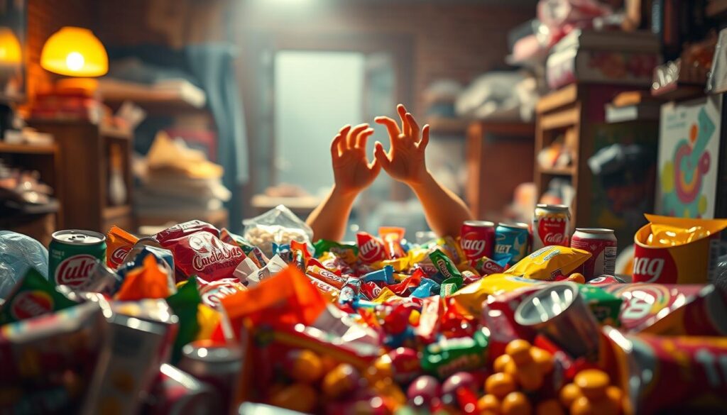 A vibrant, hyper-realistic scene depicting the overconsumption of highly processed foods. In the foreground, a table overflowing with a variety of brightly colored, heavily packaged snacks, candies, and sodas. In the middle ground, a person's hands reaching eagerly towards the processed items, conveying a sense of obsession and lack of self-control. The background blurs into a dimly lit, cluttered room, symbolizing the unhealthy and sedentary environment that often accompanies such dietary habits. Warm lighting casts a hazy glow, creating an atmosphere of indulgence and temptation. The overall composition emphasizes the allure and prevalence of ultra-processed foods in modern life, serving as a stark visual representation of the introduction to the article's discussion on common dietary pitfalls. A vibrant, hyper-realistic scene depicting the overconsumption of highly processed foods. In the foreground, a table overflowing with a variety of brightly colored, heavily packaged snacks, candies, and sodas. In the middle ground, a person's hands reaching eagerly towards the processed items, conveying a sense of obsession and lack of self-control. The background blurs into a dimly lit, cluttered room, symbolizing the unhealthy and sedentary environment that often accompanies such dietary habits. Warm lighting casts a hazy glow, creating an atmosphere of indulgence and temptation. The overall composition emphasizes the allure and prevalence of ultra-processed foods in modern life, serving as a stark visual representation of the introduction to the article's discussion on common dietary pitfalls.
