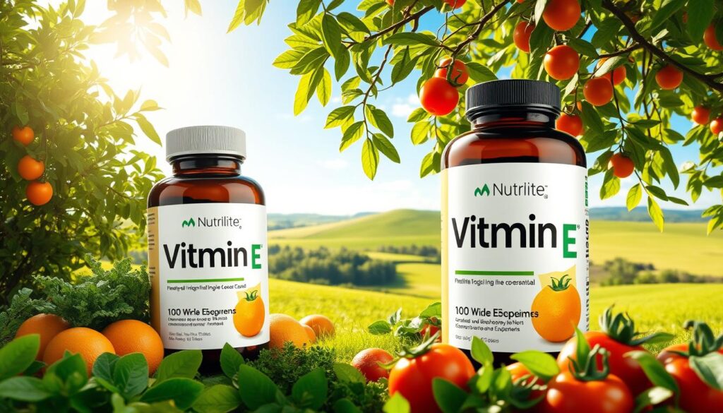 A vibrant, photo-realistic image of a natural, verdant setting with lush greenery and sunlight filtering through the foliage. In the foreground, a beautifully-rendered bottle of Amway Nutrilite Vitamin E prominently displayed, its label and packaging meticulously detailed. The bottle is surrounded by an array of fresh, ripe fruits and vegetables, such as oranges, leafy greens, and tomatoes, symbolizing the natural sources of this essential nutrient. The middle ground features a serene, pastoral landscape with rolling hills and a clear, azure sky. The overall composition conveys the health benefits and natural origins of Amway Nutrilite Vitamin E. A vibrant, photo-realistic image of a natural, verdant setting with lush greenery and sunlight filtering through the foliage. In the foreground, a beautifully-rendered bottle of Amway Nutrilite Vitamin E prominently displayed, its label and packaging meticulously detailed. The bottle is surrounded by an array of fresh, ripe fruits and vegetables, such as oranges, leafy greens, and tomatoes, symbolizing the natural sources of this essential nutrient. The middle ground features a serene, pastoral landscape with rolling hills and a clear, azure sky. The overall composition conveys the health benefits and natural origins of Amway Nutrilite Vitamin E.