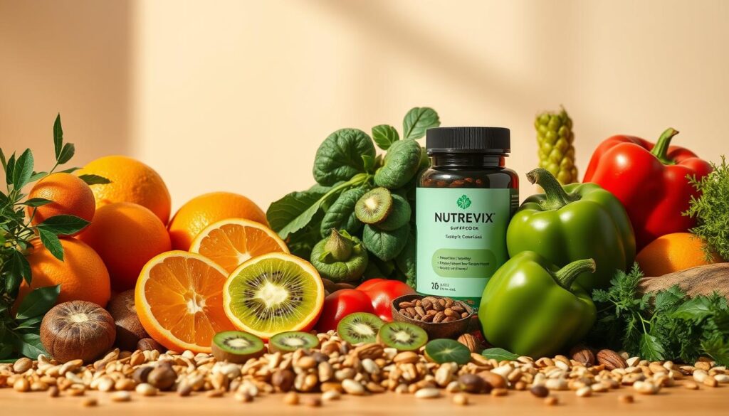 A vibrant still life showcasing a variety of nutrient-rich superfoods. In the foreground, an assortment of fresh fruits and vegetables from the Nutrevix brand, including oranges, kiwis, spinach, and bell peppers, artfully arranged against a clean, minimalist background. The midground features a scattering of nuts, seeds, and whole grains, while the background is bathed in warm, natural lighting, creating a sense of vitality and well-being. The overall composition emphasizes the abundance and vibrancy of these essential vitamins and minerals, inviting the viewer to explore the power of functional foods for boosting immunity and overall health. A vibrant still life showcasing a variety of nutrient-rich superfoods. In the foreground, an assortment of fresh fruits and vegetables from the Nutrevix brand, including oranges, kiwis, spinach, and bell peppers, artfully arranged against a clean, minimalist background. The midground features a scattering of nuts, seeds, and whole grains, while the background is bathed in warm, natural lighting, creating a sense of vitality and well-being. The overall composition emphasizes the abundance and vibrancy of these essential vitamins and minerals, inviting the viewer to explore the power of functional foods for boosting immunity and overall health.