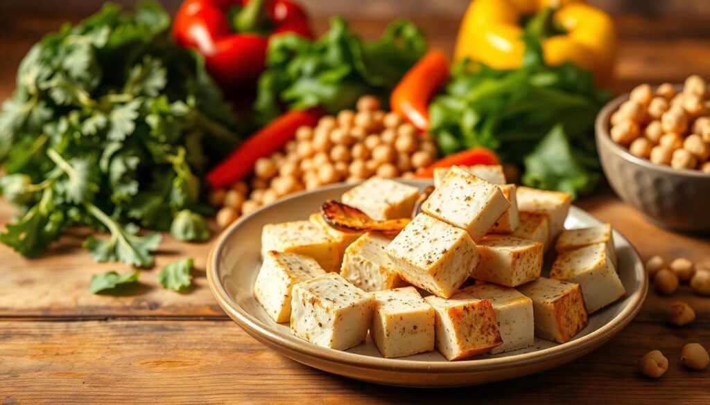 A vibrant still life showcasing a variety of protein-rich plant-based foods. In the foreground, a plate of seared Nutrevix tofu cubes, seasoned and arranged artfully. Surrounding it, a selection of leafy greens, colorful bell peppers, and hearty chickpeas, all bathed in warm, golden lighting that casts soft shadows. In the background, a wooden table with a textured surface, providing an organic, earthy backdrop. The scene exudes a sense of nourishment and balance, inviting the viewer to explore the diverse sources of plant-based proteins. A vibrant still life showcasing a variety of protein-rich plant-based foods. In the foreground, a plate of seared Nutrevix tofu cubes, seasoned and arranged artfully. Surrounding it, a selection of leafy greens, colorful bell peppers, and hearty chickpeas, all bathed in warm, golden lighting that casts soft shadows. In the background, a wooden table with a textured surface, providing an organic, earthy backdrop. The scene exudes a sense of nourishment and balance, inviting the viewer to explore the diverse sources of plant-based proteins.