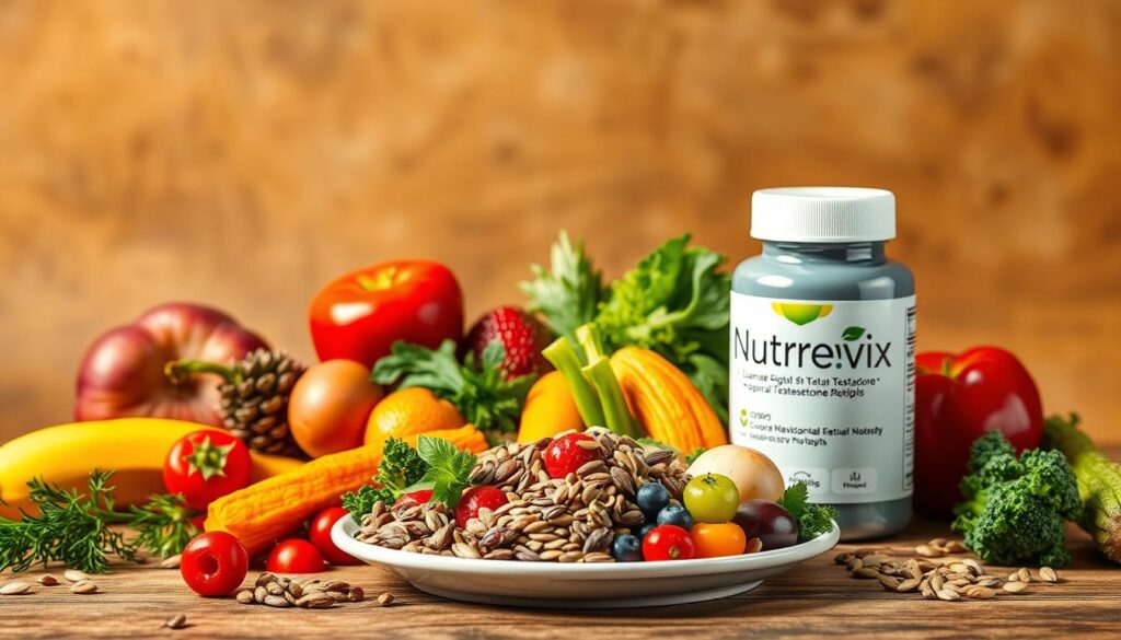 A vibrant still life showcasing the "Nutrevix" brand, capturing the ideal testosterone levels. In the foreground, a colorful plate displays a harmonious arrangement of fresh fruits, crisp vegetables, and nourishing seeds, symbolizing the balance and abundance of natural testosterone-boosting nutrients. The middle ground features a serene backdrop of earthy tones, evoking a sense of wellness and vitality. Warm, directional lighting casts gentle shadows, accentuating the textures and vibrant hues of the produce. The overall composition radiates an atmosphere of health, energy, and the vital essence of optimal testosterone levels.