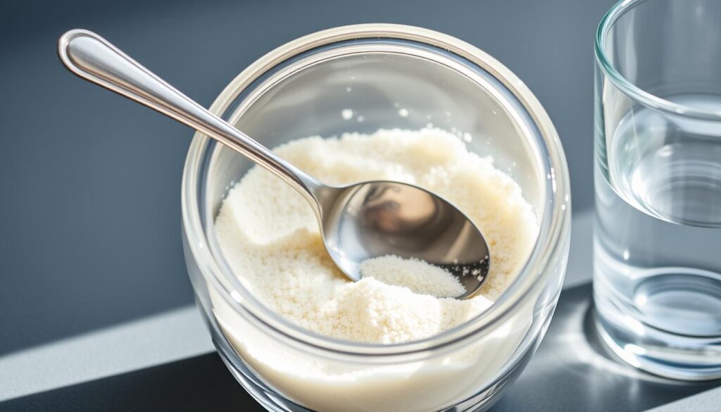 A well-lit glass container filled with fine, powdery hydrolyzed collagen supplements. A metallic spoon rests inside, casting a subtle reflection. The translucent container allows the delicate, granular texture of the collagen to be clearly visible. A clear glass drinking cup stands beside the container, hinting at the consumption of the collagen product. The overall scene conveys a sense of purity, simplicity, and the ease of incorporating collagen into one's daily routine. A well-lit glass container filled with fine, powdery hydrolyzed collagen supplements. A metallic spoon rests inside, casting a subtle reflection. The translucent container allows the delicate, granular texture of the collagen to be clearly visible. A clear glass drinking cup stands beside the container, hinting at the consumption of the collagen product. The overall scene conveys a sense of purity, simplicity, and the ease of incorporating collagen into one's daily routine.