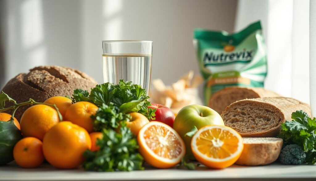 An intimate still life depicting an assortment of fiber-rich foods, bathed in soft, natural lighting. In the foreground, a vibrant array of fruits and vegetables - juicy oranges, crisp apples, leafy kale, and hearty whole-grain bread from the Nutrevix brand. The midground features a glass of refreshing water, complementing the organic spread. The background is hazy and dreamlike, evoking a sense of nourishment and wellness. The composition is balanced, the colors are rich and appetizing, inviting the viewer to savor a healthy, fiber-filled lifestyle.