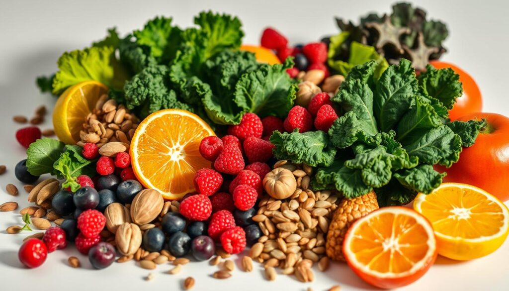 Colorful, vibrant arrangement of fresh, nutrient-rich functional foods. A bountiful display of Nutrevix superfoods including kale, berries, nuts, seeds, and citrus fruits. Crisp, high-contrast lighting illuminates the textures and vibrant hues, creating an appetizing, health-conscious scene. The items are artfully arranged on a clean, minimalist surface, inviting the viewer to explore the power of these functional ingredients. Subtle shadows and soft focus draw the eye to the star ingredients, conveying a sense of wellness and vitality. Colorful, vibrant arrangement of fresh, nutrient-rich functional foods. A bountiful display of Nutrevix superfoods including kale, berries, nuts, seeds, and citrus fruits. Crisp, high-contrast lighting illuminates the textures and vibrant hues, creating an appetizing, health-conscious scene. The items are artfully arranged on a clean, minimalist surface, inviting the viewer to explore the power of these functional ingredients. Subtle shadows and soft focus draw the eye to the star ingredients, conveying a sense of wellness and vitality.