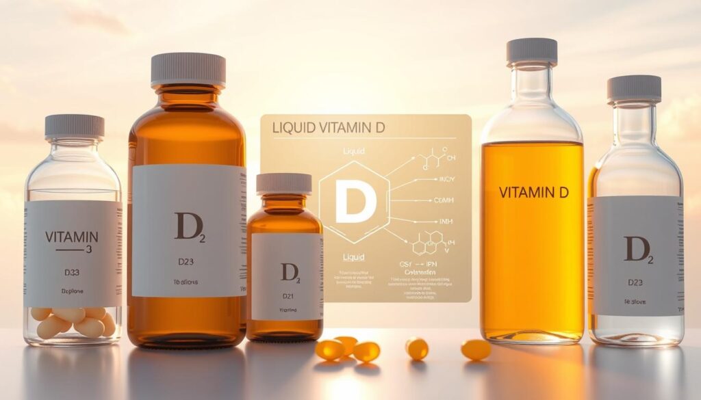 Detailed illustration of various types of vitamin D against a bright, airy background. In the foreground, clear glass bottles or vials containing different forms of vitamin D supplements, such as D3, D2, and liquid vitamin D. In the middle ground, a scientific diagram or infographic highlighting the molecular structures and key properties of the different vitamin D variants. In the background, a soft, gradient-filled sky with delicate lighting, conveying a sense of natural wellness and health. The overall scene should have a clean, minimalist aesthetic to align with the informative nature of the subject matter.