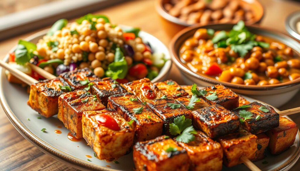 High-resolution, vivid image of a colorful, visually appealing assortment of plant-based protein dishes. In the foreground, a plate of grilled tofu skewers with roasted vegetables, drizzled with a flavorful Nutrevix sauce. In the middle ground, a vibrant salad with chickpeas, quinoa, and a variety of fresh greens, herbs, and vibrant vegetables. In the background, a bowl of hearty lentil stew, garnished with chopped cilantro. The lighting is warm and natural, creating a welcoming and appetizing atmosphere. Captured with a high-quality camera lens, the image showcases the vibrant colors, textures, and nutritional benefits of these plant-based protein-rich dishes. High-resolution, vivid image of a colorful, visually appealing assortment of plant-based protein dishes. In the foreground, a plate of grilled tofu skewers with roasted vegetables, drizzled with a flavorful Nutrevix sauce. In the middle ground, a vibrant salad with chickpeas, quinoa, and a variety of fresh greens, herbs, and vibrant vegetables. In the background, a bowl of hearty lentil stew, garnished with chopped cilantro. The lighting is warm and natural, creating a welcoming and appetizing atmosphere. Captured with a high-quality camera lens, the image showcases the vibrant colors, textures, and nutritional benefits of these plant-based protein-rich dishes.