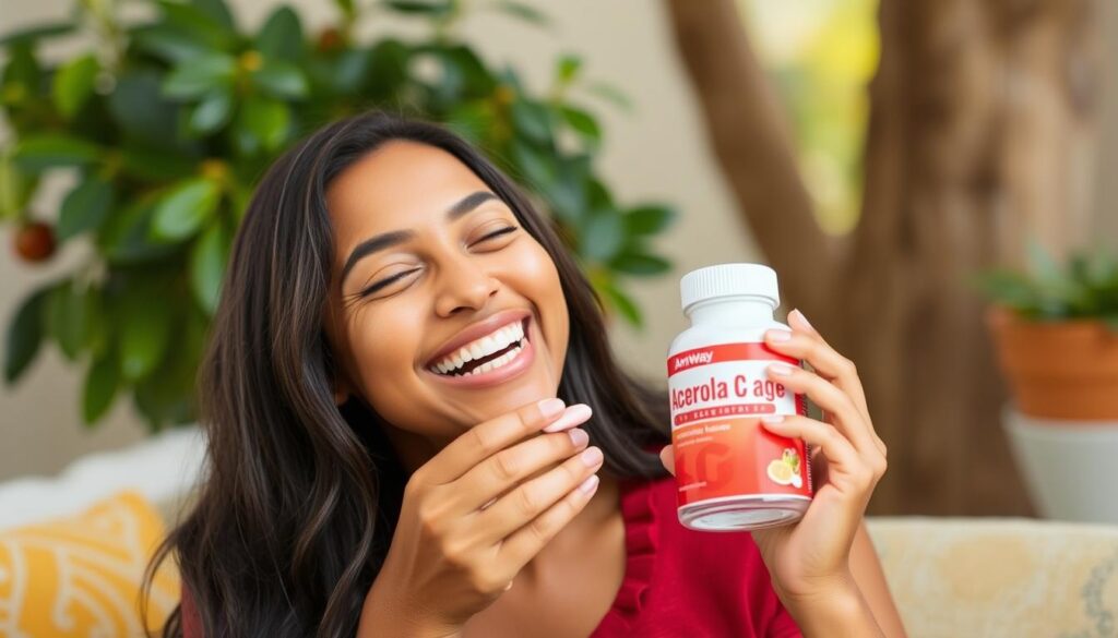 Imagem de uma pessoa feliz e saudável consumindo Acerola C Mastigável Amway Imagem de uma pessoa feliz e saudável consumindo Acerola C Mastigável Amway