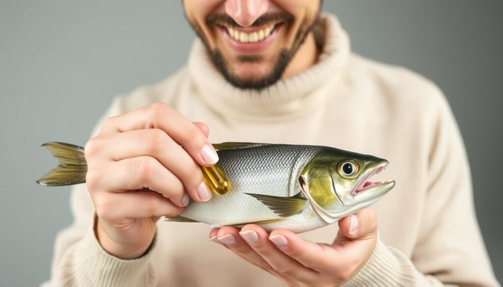 Imagem de uma pessoa saudável comendo peixe ou tomando um suplemento de Ômega 3