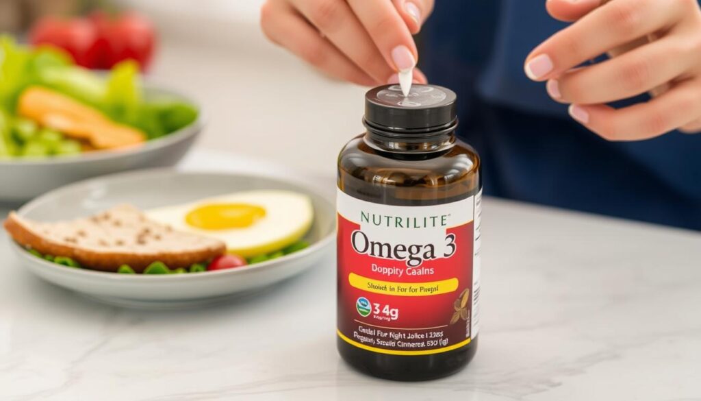 Imagem de uma pessoa tomando Ômega 3 Nutrilite com uma refeição saudável