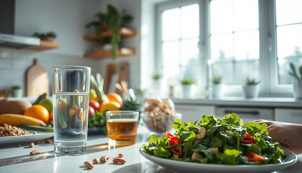 A bright, airy kitchen interior with natural sunlight streaming through large windows. On the countertop, an assortment of healthy ingredients - fresh fruits, vegetables, nuts, and whole grains - arranged in a visually appealing composition. In the foreground, a glass of water, a cup of herbal tea, and a plate with a finely chopped salad, symbolizing the benefits of intermittent fasting for health and weight management. The scene exudes a sense of balance, wellness, and mindfulness, inviting the viewer to consider the positive impact of this lifestyle approach. A bright, airy kitchen interior with natural sunlight streaming through large windows. On the countertop, an assortment of healthy ingredients - fresh fruits, vegetables, nuts, and whole grains - arranged in a visually appealing composition. In the foreground, a glass of water, a cup of herbal tea, and a plate with a finely chopped salad, symbolizing the benefits of intermittent fasting for health and weight management. The scene exudes a sense of balance, wellness, and mindfulness, inviting the viewer to consider the positive impact of this lifestyle approach.