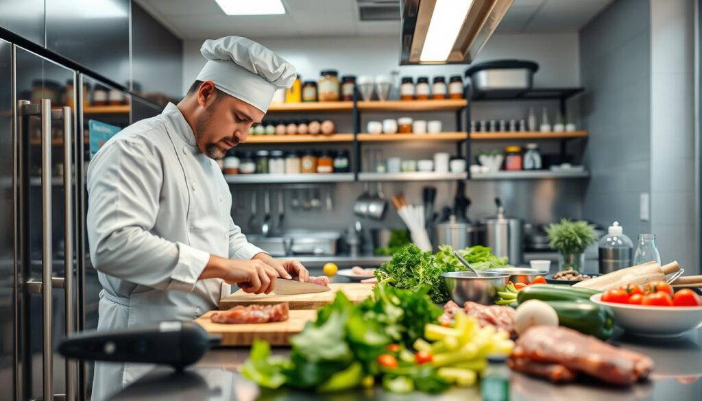 A clean, modern kitchen with stainless steel appliances and bright lighting. On the countertop, a cutting board, knife, and various fresh ingredients like vegetables and meat. In the foreground, a chef wearing a white apron and hat carefully prepares the food, mindful of proper food handling techniques to prevent cross-contamination. The middle ground shows various kitchen tools and utensils, while the background features shelves with jars, spices, and other cooking essentials. The scene conveys a sense of culinary expertise, food safety, and a well-organized, hygienic kitchen environment.