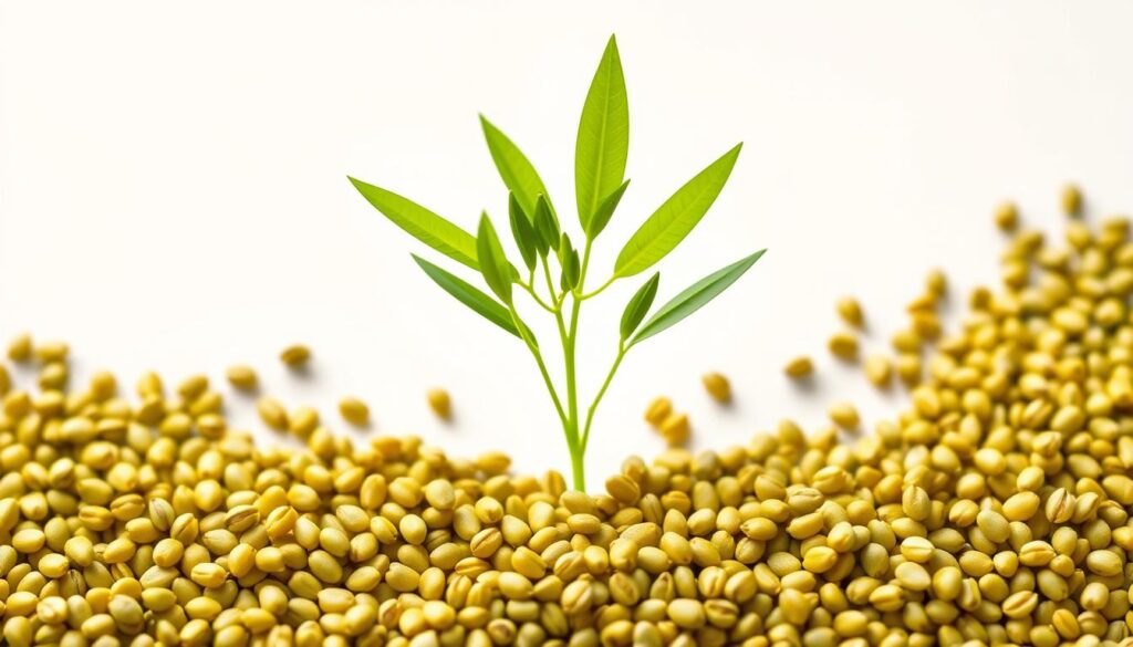A close-up, highly-detailed shot of vibrant green fenugreek seeds arranged artfully on a bright, clean backdrop. The textural nuances of the seeds are prominently featured, allowing their natural beauty to shine. In the middle ground, a lush, verdant fenugreek plant rises up, its leaves gently swaying, symbolizing the plant's potent therapeutic powers. The lighting is soft and diffused, creating an inviting, soothing atmosphere that emphasizes the health-promoting properties of this remarkable herb. The composition is balanced and visually striking, capturing the essence of fenugreek's remarkable benefits for human well-being. A close-up, highly-detailed shot of vibrant green fenugreek seeds arranged artfully on a bright, clean backdrop. The textural nuances of the seeds are prominently featured, allowing their natural beauty to shine. In the middle ground, a lush, verdant fenugreek plant rises up, its leaves gently swaying, symbolizing the plant's potent therapeutic powers. The lighting is soft and diffused, creating an inviting, soothing atmosphere that emphasizes the health-promoting properties of this remarkable herb. The composition is balanced and visually striking, capturing the essence of fenugreek's remarkable benefits for human well-being.