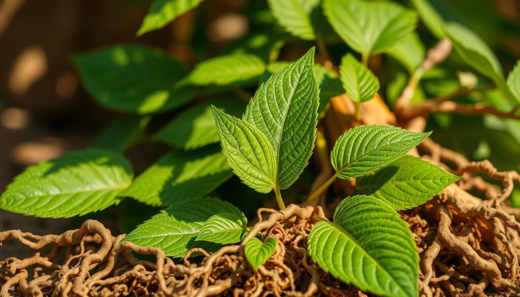 A close-up photograph of lush, emerald green ashwagandha leaves and gnarled, earthy roots arranged in the foreground. The leaves are vibrant and detailed, capturing the plant's natural texture and intricate veining. The roots are twisted and knotted, conveying a sense of ancient wisdom and grounding energy. The background is softly blurred, allowing the botanical elements to take center stage in warm, natural lighting that casts gentle shadows. The overall composition exudes an aura of tranquility, wellness, and harmonious synergy between the plant's aboveground and underground parts. A close-up photograph of lush, emerald green ashwagandha leaves and gnarled, earthy roots arranged in the foreground. The leaves are vibrant and detailed, capturing the plant's natural texture and intricate veining. The roots are twisted and knotted, conveying a sense of ancient wisdom and grounding energy. The background is softly blurred, allowing the botanical elements to take center stage in warm, natural lighting that casts gentle shadows. The overall composition exudes an aura of tranquility, wellness, and harmonious synergy between the plant's aboveground and underground parts.