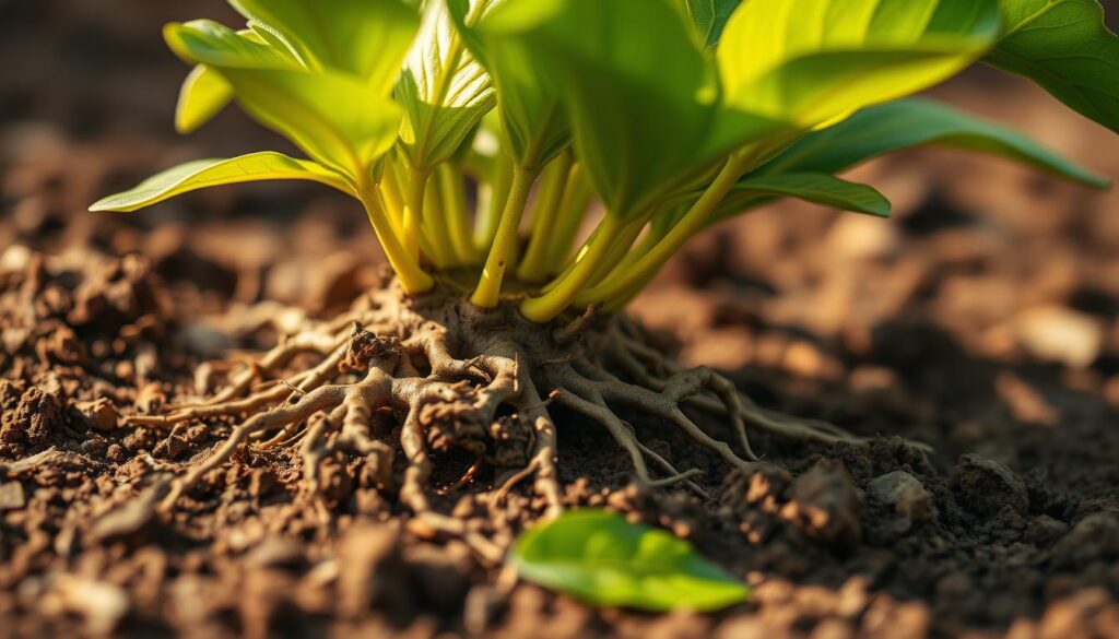A close-up shot of ashwagandha, a traditional Indian medicinal herb. The image showcases the plant's vibrant green leaves and its distinctive, gnarled roots emerging from rich, earthy soil. The lighting is warm and natural, highlighting the intricate textures and hues of the ashwagandha plant. The composition places the roots and leaves in the foreground, creating a sense of depth and balance. The background is slightly blurred, allowing the viewer to focus on the intricate details of this ancient medicinal plant. The overall mood is one of harmony, tradition, and the restorative power of nature. A close-up shot of ashwagandha, a traditional Indian medicinal herb. The image showcases the plant's vibrant green leaves and its distinctive, gnarled roots emerging from rich, earthy soil. The lighting is warm and natural, highlighting the intricate textures and hues of the ashwagandha plant. The composition places the roots and leaves in the foreground, creating a sense of depth and balance. The background is slightly blurred, allowing the viewer to focus on the intricate details of this ancient medicinal plant. The overall mood is one of harmony, tradition, and the restorative power of nature.