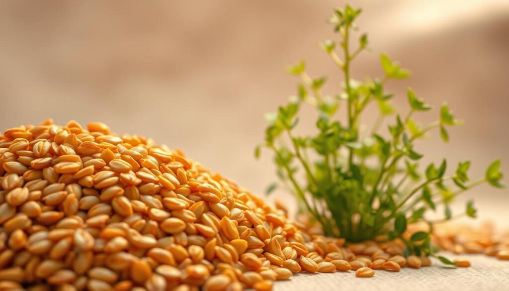 A closeup of vibrant, golden-brown fenugreek seeds nestled on a soft, neutral backdrop, capturing their intricate texture and organic forms. In the middle ground, a lush, verdant fenugreek plant stands tall, its delicate leaves and stems silhouetted against a warm, diffused light. The overall scene conveys a sense of natural vitality and the potential benefits of this medicinal herb within the human body. A closeup of vibrant, golden-brown fenugreek seeds nestled on a soft, neutral backdrop, capturing their intricate texture and organic forms. In the middle ground, a lush, verdant fenugreek plant stands tall, its delicate leaves and stems silhouetted against a warm, diffused light. The overall scene conveys a sense of natural vitality and the potential benefits of this medicinal herb within the human body.