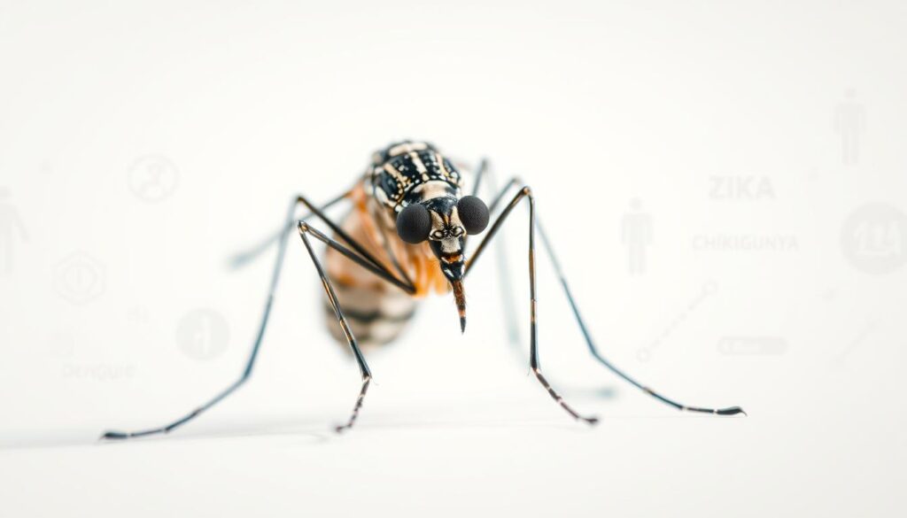 A detailed close-up of the Aedes aegypti mosquito, its intricate features and distinctive markings visible against a bright, clean backdrop. The mosquito takes center stage, its compound eyes, delicate proboscis, and segmented body rendered with meticulous precision. Surrounding the mosquito, a hazy, out-of-focus array of medical symbols and icons subtly hint at the diseases it transmits - dengue, Zika, chikungunya. The lighting is soft and diffused, creating a clinical yet approachable atmosphere, guiding the viewer's focus to the key subject. The overall composition and tonal balance evoke a sense of scientific curiosity and the need for vigilance against these mosquito-borne illnesses. A detailed close-up of the Aedes aegypti mosquito, its intricate features and distinctive markings visible against a bright, clean backdrop. The mosquito takes center stage, its compound eyes, delicate proboscis, and segmented body rendered with meticulous precision. Surrounding the mosquito, a hazy, out-of-focus array of medical symbols and icons subtly hint at the diseases it transmits - dengue, Zika, chikungunya. The lighting is soft and diffused, creating a clinical yet approachable atmosphere, guiding the viewer's focus to the key subject. The overall composition and tonal balance evoke a sense of scientific curiosity and the need for vigilance against these mosquito-borne illnesses.
