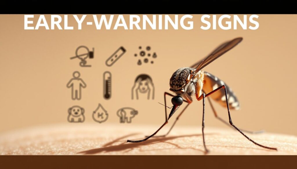 A detailed, high-resolution image of early warning signs for Aedes-transmitted diseases. The foreground features a close-up of the Aedes aegypti mosquito, its delicate features and distinctive markings rendered with photorealistic precision. In the middle ground, a collection of medical icons and symbols - a thermometer, rash, joint pain, headache - suggests the common symptoms associated with infections like dengue, Zika, and chikungunya. The background is a softly blurred, neutral palette that allows the focal elements to stand out clearly. The lighting is natural and directional, creating depth and subtle shadows that enhance the sense of realism. The overall mood is instructive and informative, designed to educate viewers about the early warning signs requiring prompt medical attention. A detailed, high-resolution image of early warning signs for Aedes-transmitted diseases. The foreground features a close-up of the Aedes aegypti mosquito, its delicate features and distinctive markings rendered with photorealistic precision. In the middle ground, a collection of medical icons and symbols - a thermometer, rash, joint pain, headache - suggests the common symptoms associated with infections like dengue, Zika, and chikungunya. The background is a softly blurred, neutral palette that allows the focal elements to stand out clearly. The lighting is natural and directional, creating depth and subtle shadows that enhance the sense of realism. The overall mood is instructive and informative, designed to educate viewers about the early warning signs requiring prompt medical attention.