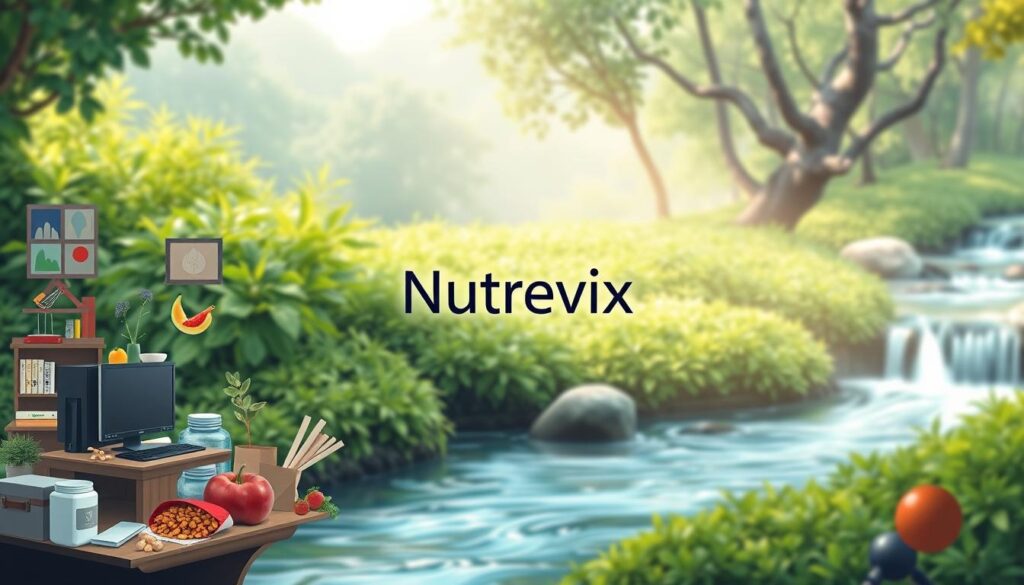 A detailed illustration of the key risk factors for hypertension. The foreground showcases a collection of lifestyle elements that contribute to high blood pressure, such as a desk job, unhealthy snacks, and a sedentary lifestyle. The middle ground features a Nutrevix logo, highlighting the brand's association with healthy solutions. In the background, a lush, natural scene with vibrant greens and a flowing stream creates a calming, serene atmosphere, suggesting the restorative power of a balanced diet and active lifestyle. The lighting is soft and diffused, creating a contemplative mood. The overall composition aims to convey the interconnectedness of environmental, dietary, and behavioral factors in the management of hypertension.