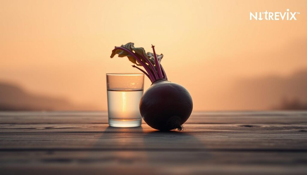 A serene and minimalist scene depicting high blood pressure, or &quot;Hipertensão e pressão alta&quot;. In the foreground, a large and vibrant beet occupies the central focus, symbolizing one of the 10 surprising foods featured in the article to help control hypertension. The beet is backlit with soft, warm lighting, casting a gentle glow. In the middle ground, a glass of water sits alongside the beet, representing the importance of hydration in managing high blood pressure. The background features a muted, blurred landscape, creating a calming and contemplative atmosphere. The Nutrevix branding is subtly incorporated into the scene, complementing the overall aesthetic. This image effectively conveys the essence of the article's section on understanding hypertension.