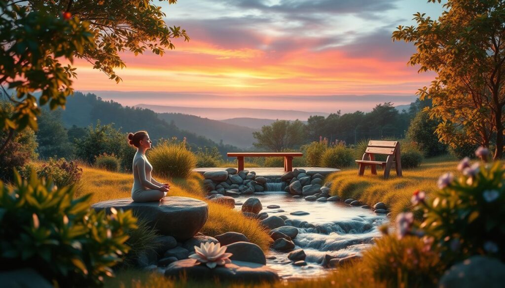 A serene landscape with a balance of natural elements, conveying emotional harmony and well-being. Soft, warm lighting illuminates a tranquil garden scene, with a flowing stream and lush, verdant foliage. In the foreground, a graceful figure sits in a meditative pose, eyes closed, radiating a sense of inner peace. The middle ground features a harmonious arrangement of stones, flowers, and a simple wooden bench, inviting the viewer to pause and reflect. The background showcases a distant horizon, where the sky transitions from vibrant hues to a calming gradient, creating a serene and contemplative atmosphere.