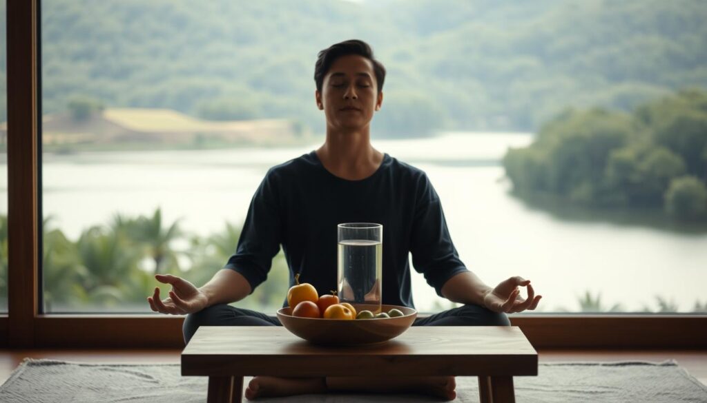 A serene scene of a person practicing intermittent fasting. In the foreground, a person sits cross-legged, eyes closed, deep in meditation, their face illuminated by soft, natural lighting. In the middle ground, a glass of water and a bowl of fresh fruit stand on a minimalist wooden table, symbolizing the sustenance during the fasting period. The background features a calming landscape, with lush greenery and a serene body of water, conveying a sense of balance and tranquility. The overall atmosphere is one of introspection, self-care, and a harmonious lifestyle. A serene scene of a person practicing intermittent fasting. In the foreground, a person sits cross-legged, eyes closed, deep in meditation, their face illuminated by soft, natural lighting. In the middle ground, a glass of water and a bowl of fresh fruit stand on a minimalist wooden table, symbolizing the sustenance during the fasting period. The background features a calming landscape, with lush greenery and a serene body of water, conveying a sense of balance and tranquility. The overall atmosphere is one of introspection, self-care, and a harmonious lifestyle.