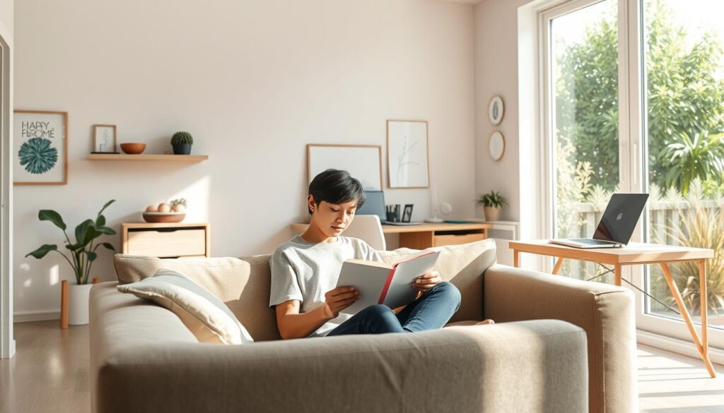 A serene, sun-dappled scene of a person in a cozy, well-organized home. In the foreground, a person sits comfortably on a plush couch, reading a book with a peaceful expression. The middle ground features a minimalist yet inviting living room, with clean lines, natural materials, and warm lighting. The background showcases a large window offering a view of a lush, verdant garden, symbolizing a harmonious connection with nature. The overall atmosphere conveys a sense of tranquility, balance, and an enhanced quality of life through small, intentional changes to one's daily routine. Prompt A well-organized home office with a laptop, potted plant, and inspirational decor. The subject sits at the desk, deep in thought, surrounded by a modern, minimalist workspace that promotes focus and productivity. The walls feature muted, calming colors, and the large window allows natural light to flood the room, creating a serene and rejuvenating environment. The overall scene suggests an improved work-life balance and