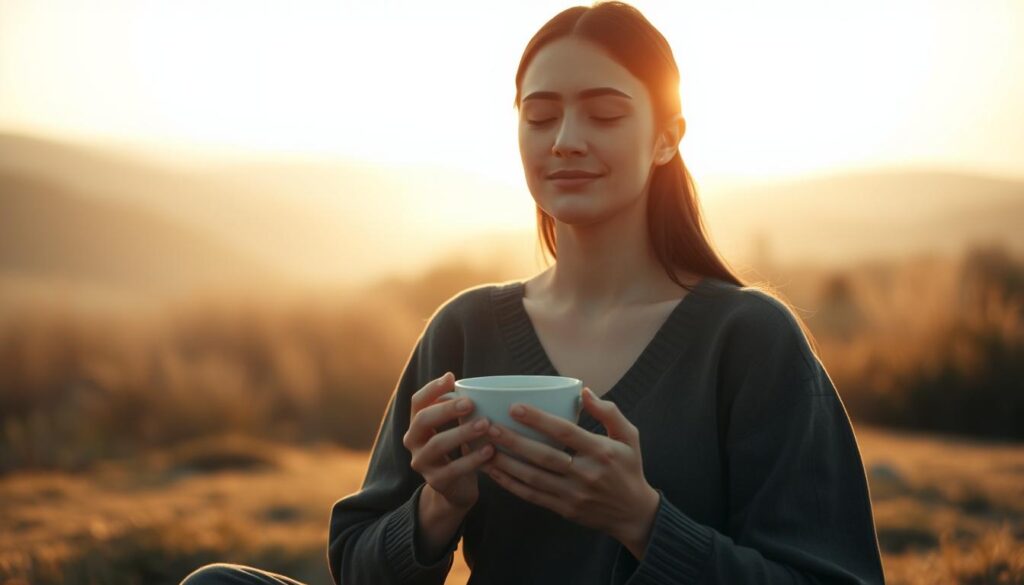 A serene woman meditates at dawn, her expression tranquil, surrounded by a peaceful landscape. Warm sunlight caresses her face as she holds a cup of tea, her hands cupping the warmth. The scene evokes a sense of inner calm and emotional well-being, reflecting the importance of finding peace within oneself. Soft, muted colors create a meditative atmosphere, inviting the viewer to pause and reflect on the beauty of the present moment.
