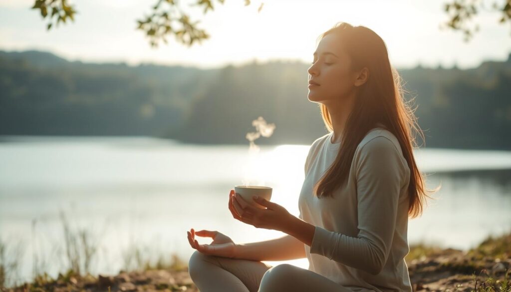 A serene woman sits cross-legged in a peaceful landscape, her eyes closed in deep meditation. The soft morning light filters through the trees, casting a warm glow on her face. Her hands delicately hold a cup of steaming tea, symbolizing the tranquility and mindfulness she has cultivated. In the background, a tranquil lake reflects the azure sky, creating a sense of harmony and balance. The scene evokes a profound sense of inner peace and well-being, perfectly capturing the essence of the "Práticas Diárias de Mindfulness" section.